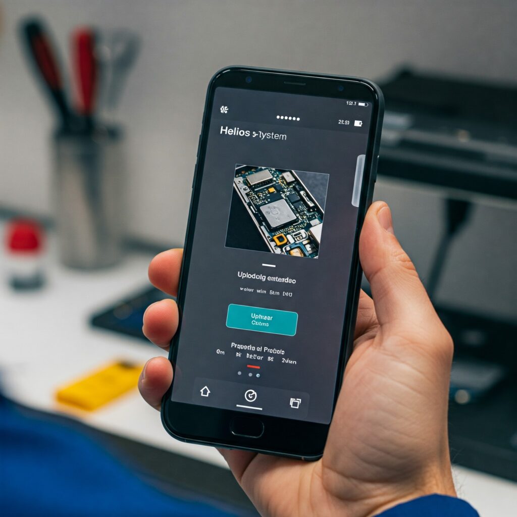 Mobile view of a technician uploading a repair photo to the Helios system