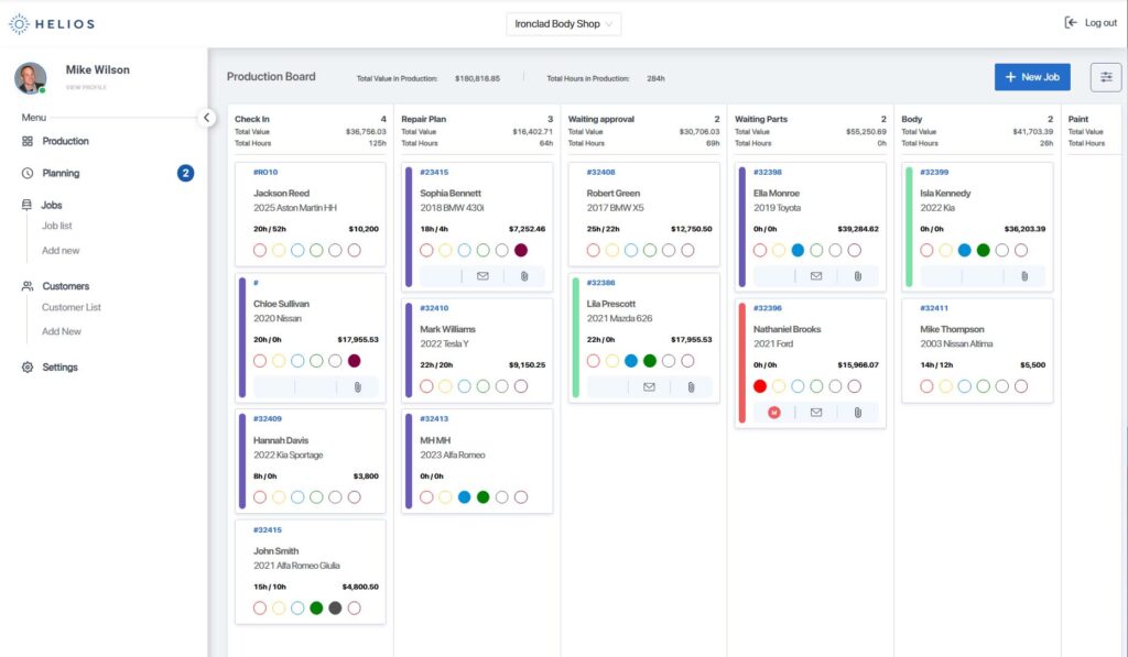 Helios job tracking tools with color coding and dot filters