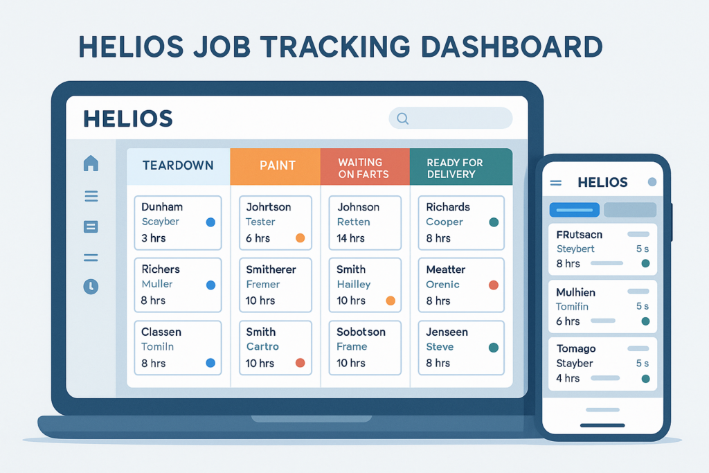 Helios cloud-based job tracking dashboard with color-coded job cards and mobile-friendly layout for auto repair shops Helios cloud-based job tracking dashboard with color-coded job cards and mobile-friendly layout for auto repair shops
