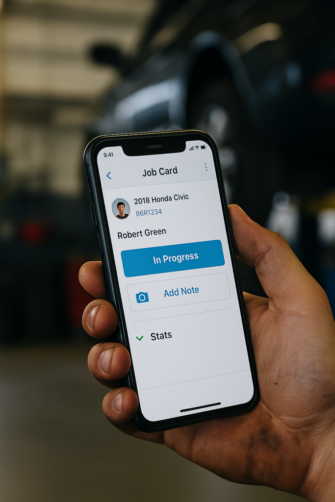 Mobile view of a technician updating a job card using cloud-based shop software in an auto repair bay. 