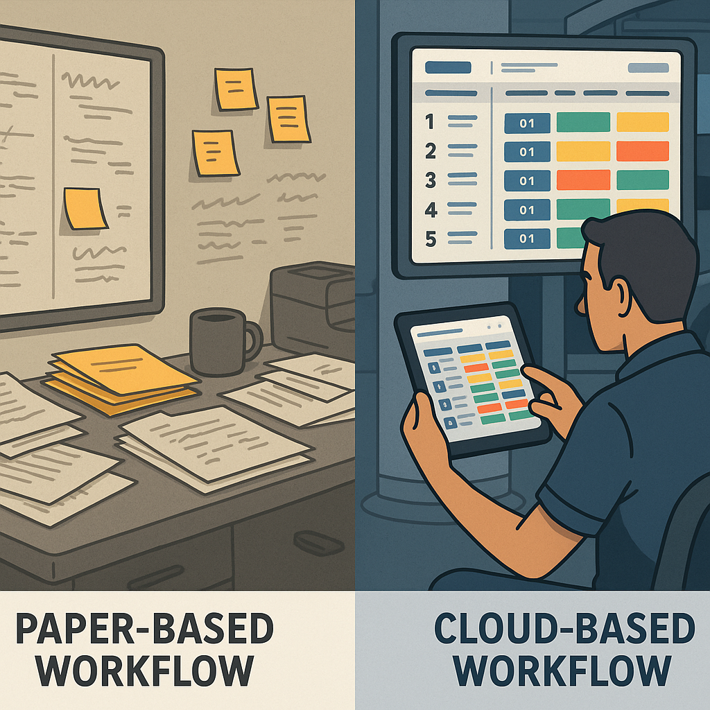 Comparison of paper-based vs. cloud-based auto repair shop management workflows showing messy desk and whiteboard next to digital dashboard Comparison of paper-based vs. cloud-based auto repair shop management workflows showing messy desk and whiteboard next to digital dashboard